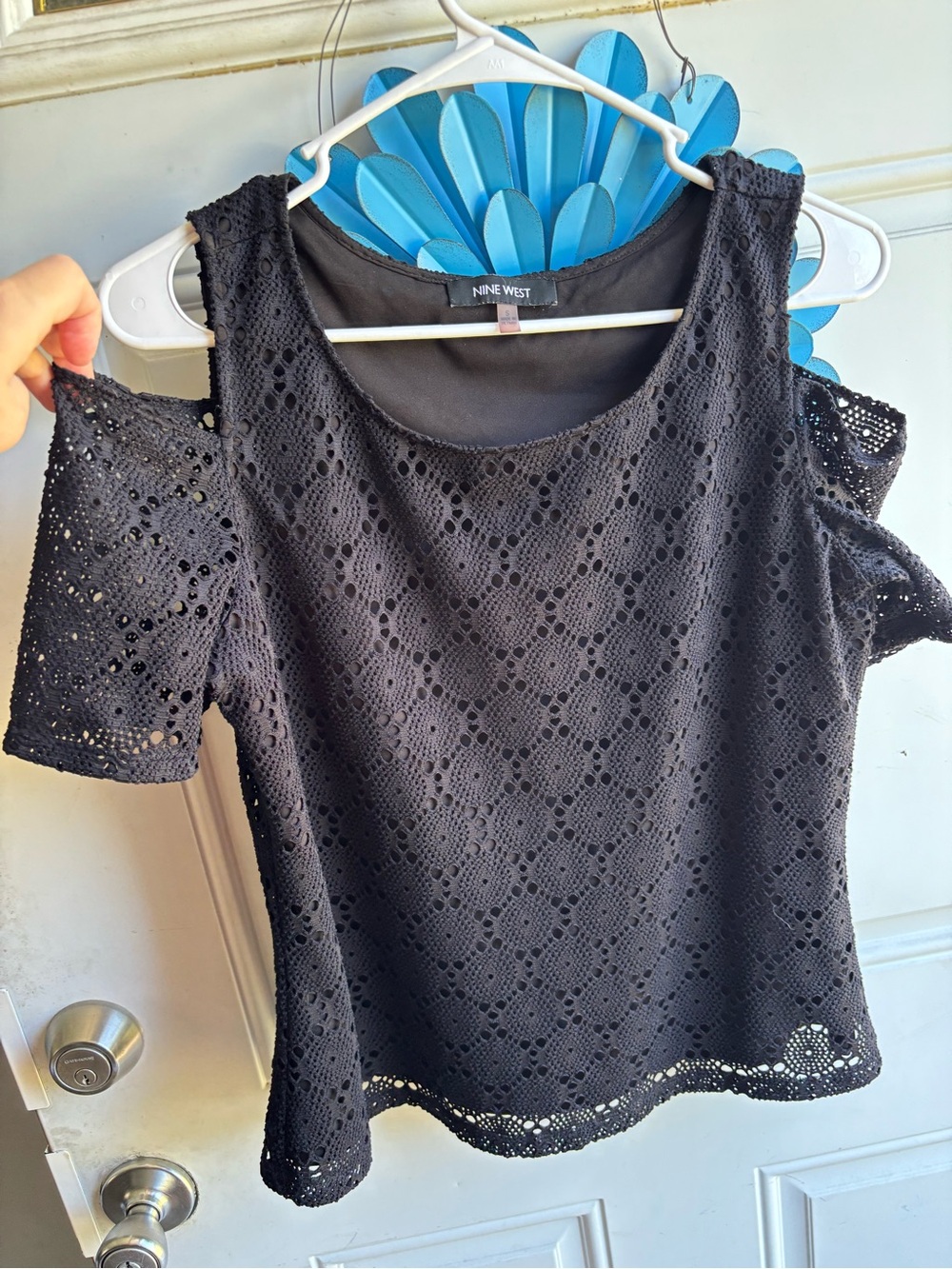 Nine West Black Lace Cold-Shoulder Blouse